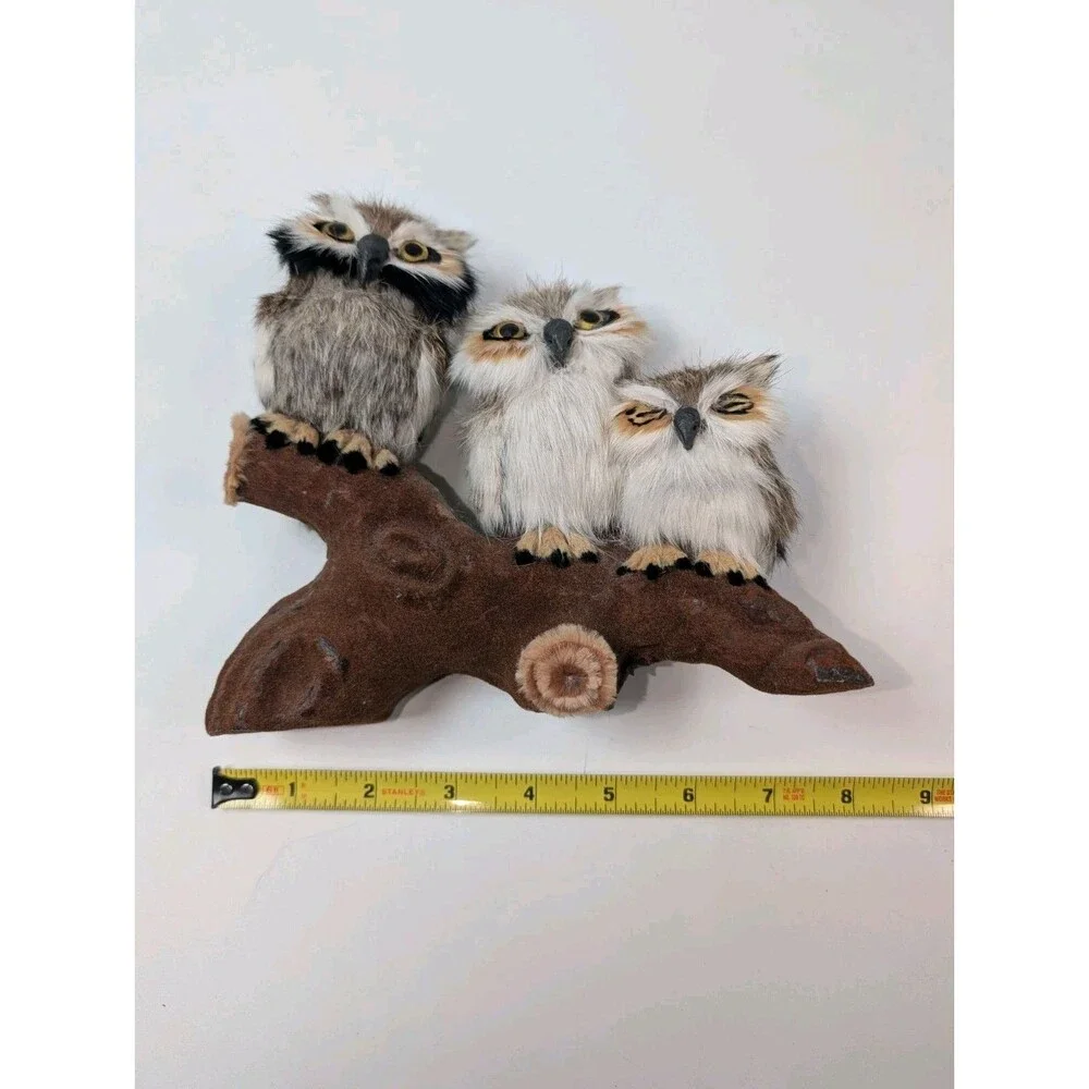 Rustic Owl Figurine Trio on Wood Branch Base Cabin Decor 3 Owls Folk Art